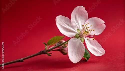 Delicate apple blossom in soft focus on a vibrant crimson backdrop close-up