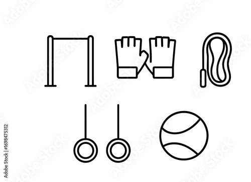 Fitness equipment: pull-up bar, gloves, jump rope, gymnastic rings, medicine ball icons