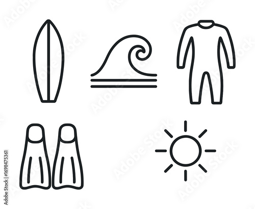 Surfing equipment icons: surfboard, wave, wetsuit, flippers, sun