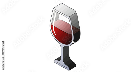 Isometric graphic of a wine glass filled with red wine.