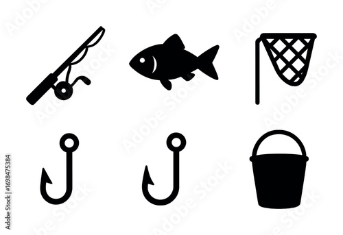 Fishing equipment icons: rod, fish, net, hook, and bucket silhouettes