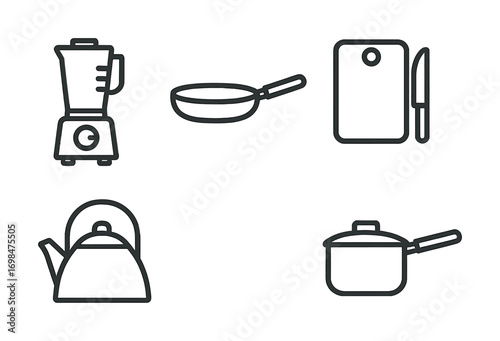 Kitchen tools icons: blender, pan, cutting board, kettle, pot