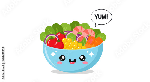 Adorable Kawaii Salad Bowl with a Happy Face and YUM Speech Bubble.