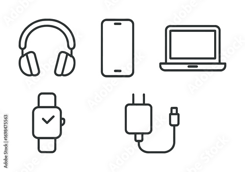 Outline icons of headphones smartphone laptop smartwatch and charger