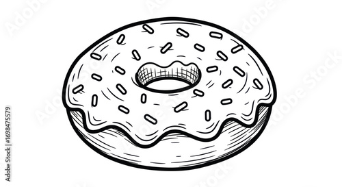 Delicious Glazed Donut with Sprinkles, Line Art Illustration.