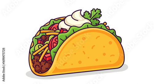 Delicious Cartoon Taco with Meat, Lettuce, Tomatoes, Cheese, Sour Cream, and Cilantro.