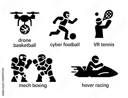 Futuristic sports icons featuring drone basketball cyber football vr tennis mech boxing hover racing