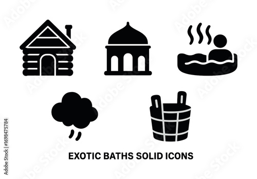 Exotic bath icons: sauna, steam, hot tub, exotic, relaxation
