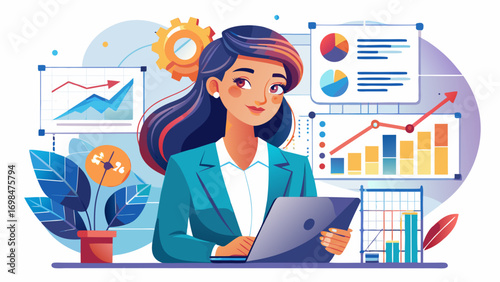 Close-up portrait of female data analyst reviewing complex charts. White background highlights strategy, analytics, and modern problem-solving.