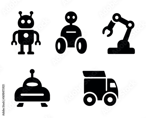 Five black silhouette technology icons: robot, wheeled robot, robotic arm, ufo, truck