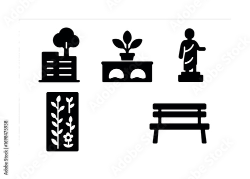Urban park icons: tree, plant, statue, flowers, and bench silhouettes