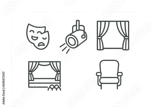 Theater symbols set: drama masks, spotlight, curtain, stage, armchair
