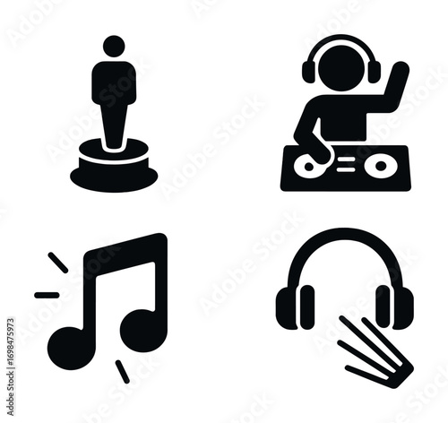 Music icons: award, dj, note, headphones