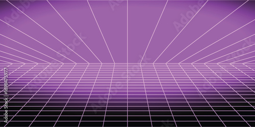 Glowing neon purple wireframe background. Shining checkered grid planes in perspective. Bright retro futuristic horizon wallpaper. Arcade game sci fi matrix surface. Vector backdrop for poster, banner