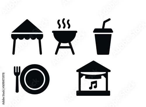 Outdoor dining icons: tent, grill, drink, plate, music pavilion silhouettes