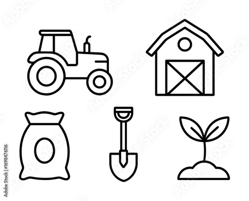 Farm equipment and agriculture icons: tractor, barn, seed bag, shovel, sprout