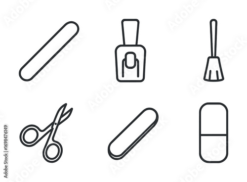 Nail care essentials: file, polish, brush, scissors, clipper icons