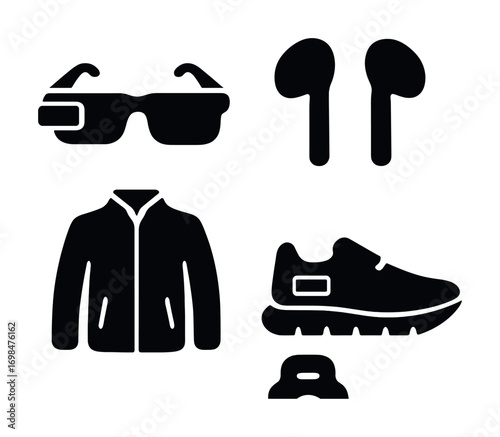 Set of smart wearable icons: glasses, earbuds, jacket, shoe, watch