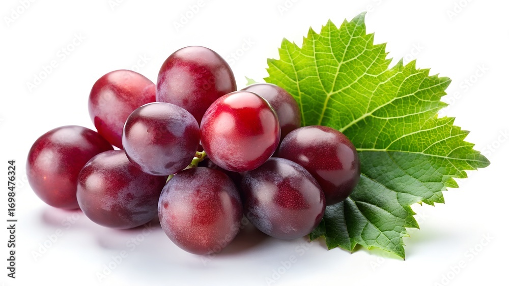 Fototapeta premium Fresh ripe red grapes bunch with two green leaves isolated on white