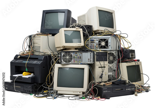 Chaotic pile of discarded vintage CRT monitors, computer towers, printer, media player, and tangled cables on a transparent studio background with soft light, concept of e-waste and obsolescence