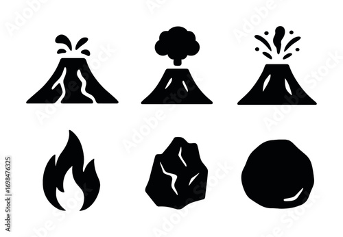 Set of six black and white icons of volcano eruption, flame, rock, and stone