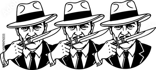 Three Men in Hats with Knives in Mouths