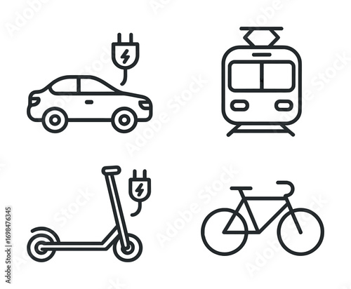 Electric car, train, scooter, and bicycle icons representing eco-friendly transportation