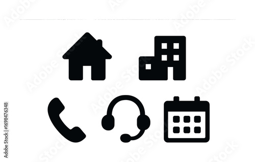 Essential communication icons: house, building, phone, headset, calendar