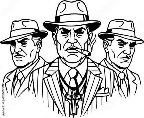 Intense group of three mobsters with fedora hats, smoking a cigar with a stern and powerful presence, ready for action, vintage classic, gangster style