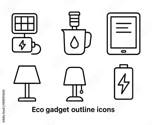 Eco gadget outline icons: solar panel, eco lamp, digital screen, battery