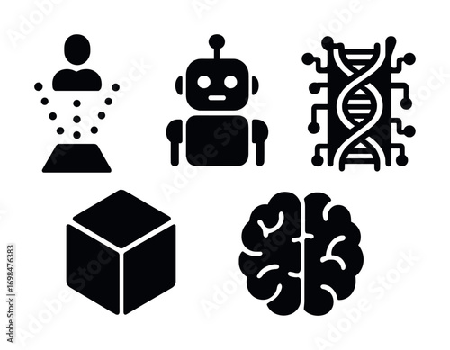 Futuristic technology icons: ai, robotics, dna, virtual reality, neural network