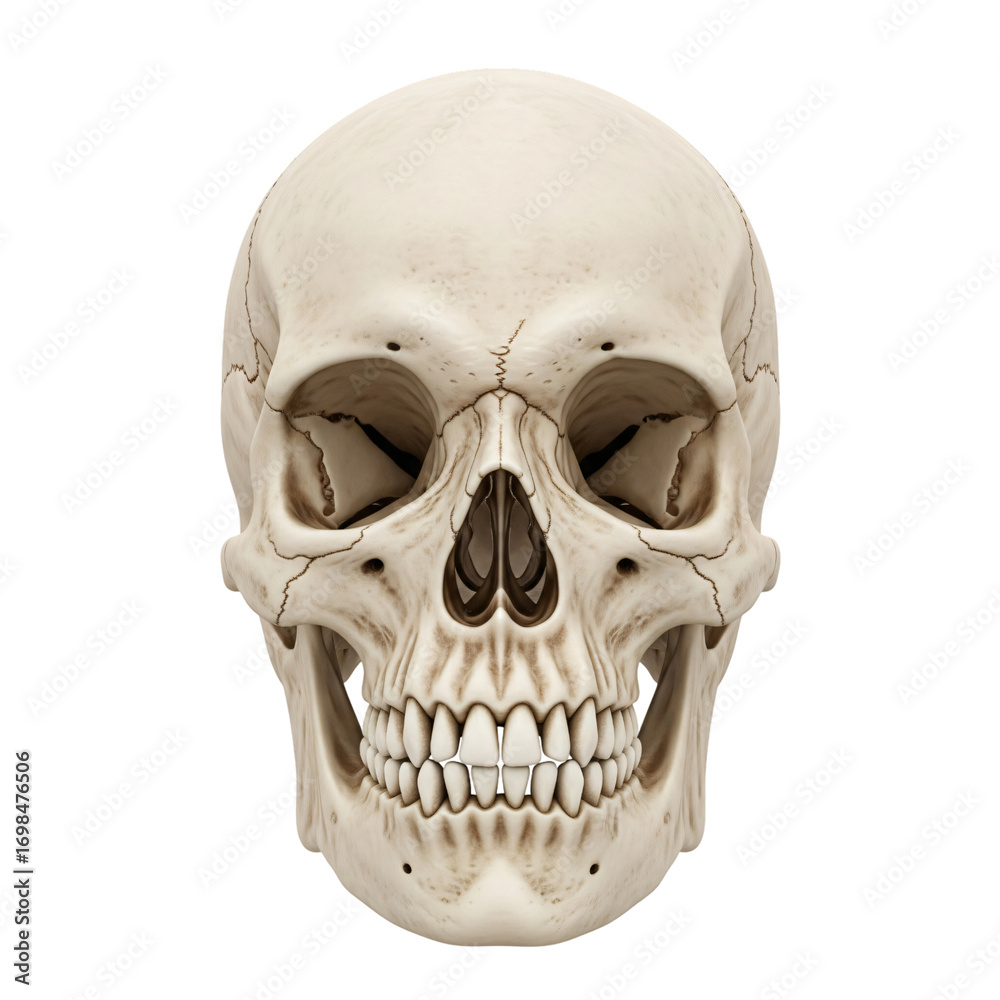 Obraz premium Realistic Human Skull with Visible Teeth on Black Background anatomy bone isolated on a transparent background