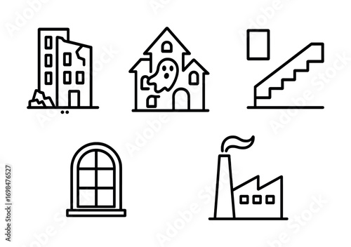 Minimalist line art: dilapidated buildings and haunted house icons collection
