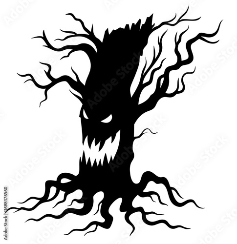 Twisted haunted tree with serpent roots writhing like snakes, grotesque silhouette rising as living nightmare