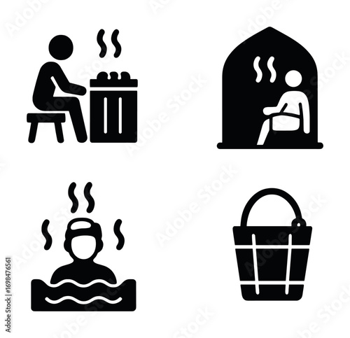 Sauna and steam room icons set including bucket and bathing figure