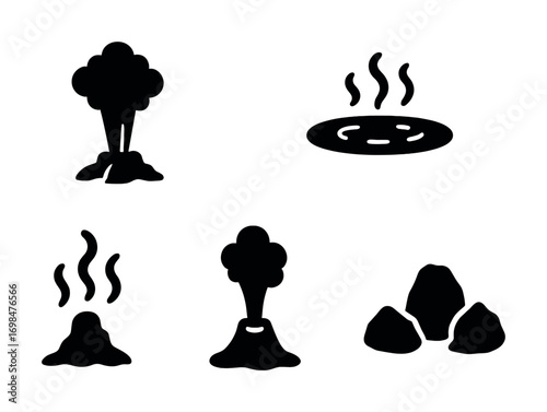 Stylized icons of geysers, hot springs, volcanoes, and rocks in black silhouette