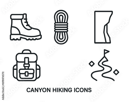 Canyon hiking essentials: boots, rope, trail, backpack, rock formation icons