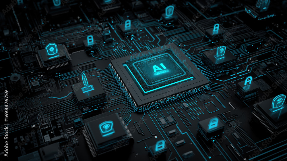 Fototapeta premium Glowing AI core on dark circuit board with padlocks and digital shield icons in neon blue cybersecurity theme