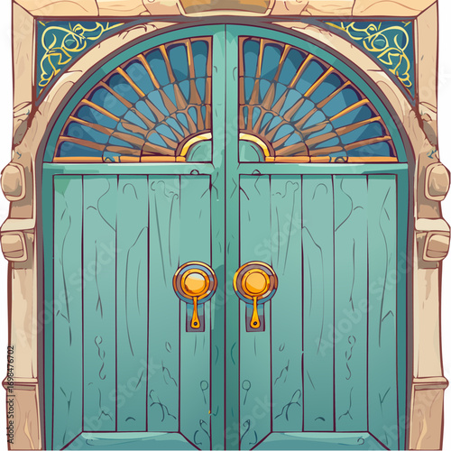 distressed turquoise cedar plank door with sunburst motif and macramé for boho décor branding