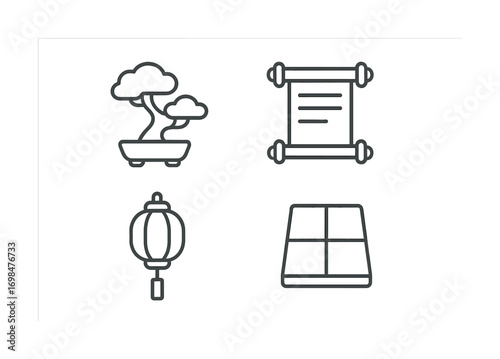 Minimalist icon set featuring bonsai, scroll, lantern, and tatami mat designs