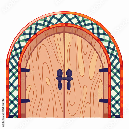 split-paint birch door with Moroccan tile arch and macramé curtain for boho home décor