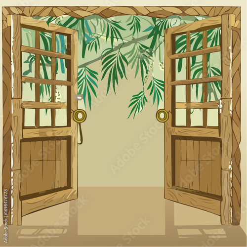 bamboo and resin leaf door with dried flower garlands and bead curtain for boho décor