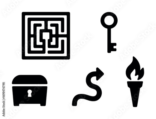 Maze adventure symbols: key, chest, path, torch icons for games