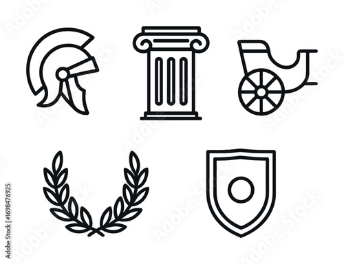 Ancient roman symbols: helmet, column, chariot, laurel, shield - line art icons