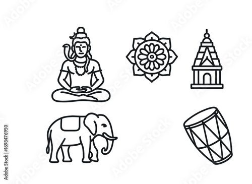 Hindu symbols: shiva, mandala, temple, elephant, and drum designs