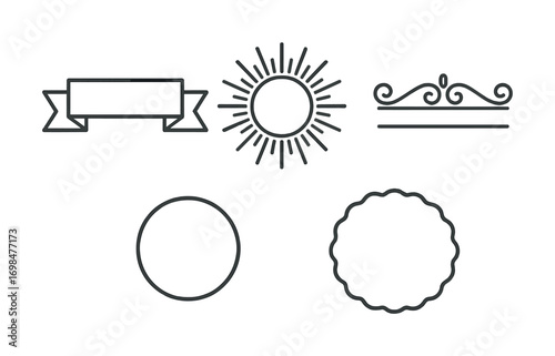 Simple decorative icons: banner, sunburst, flourish, circle, scalloped circle