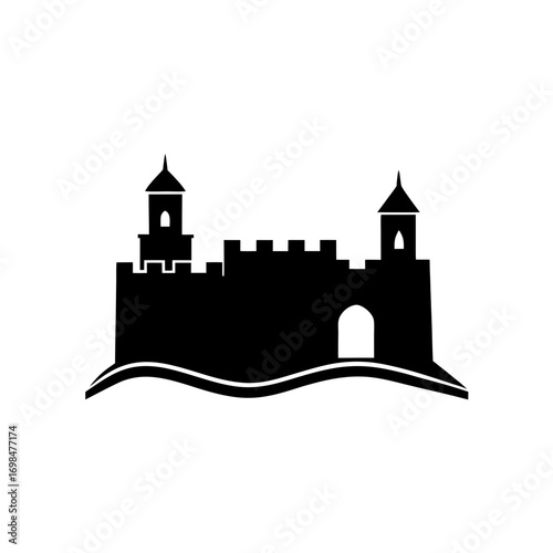 Black silhouette of a medieval castle art on transparent background