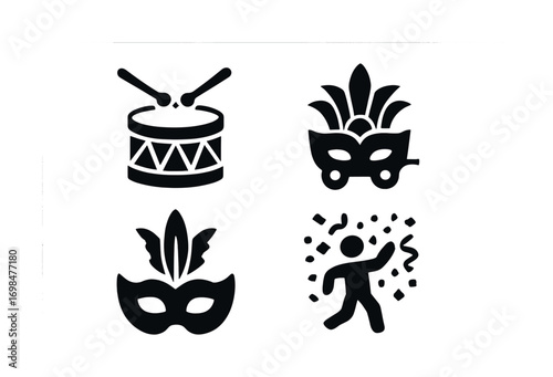 Carnival icons: drum, parade float, mask, confetti dance
