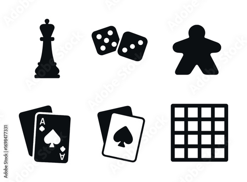 Board and card game icons set: chess, dice, meeple, cards, grid