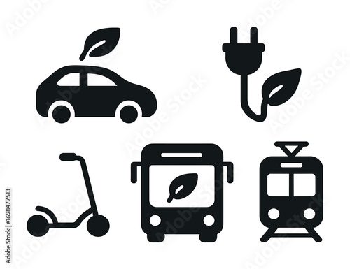 Eco-friendly transportation icons featuring electric car, bus, scooter, tram